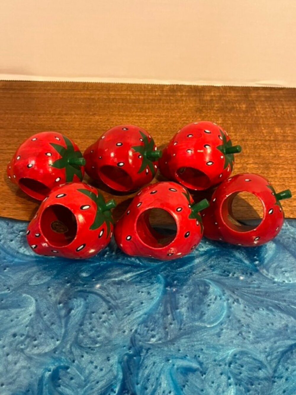 Set of 6 Red Strawberry Wooden Napkin Rings